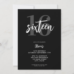 Convite Negra Moderna e Branco Elegante 16º Aniversário