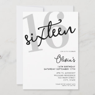 Convite Negra Moderna e Branco Elegante 16º Aniversário