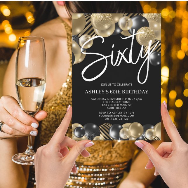 Convite Negra moderna e Dourado 60º aniversário (Criador carregado)