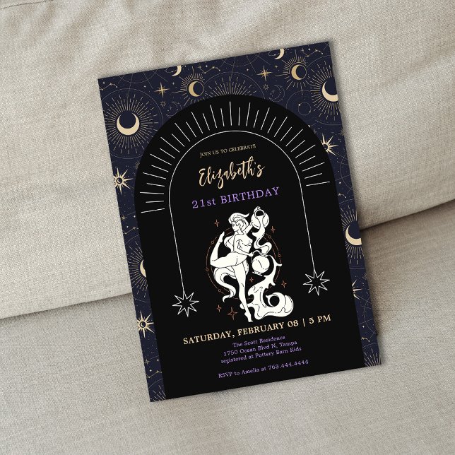 Convite Negra Mystic Aquarius Zodiac aniversário de 21 ano (Black Mystic Aquarius Zodiac 21st Birthday Invitation)