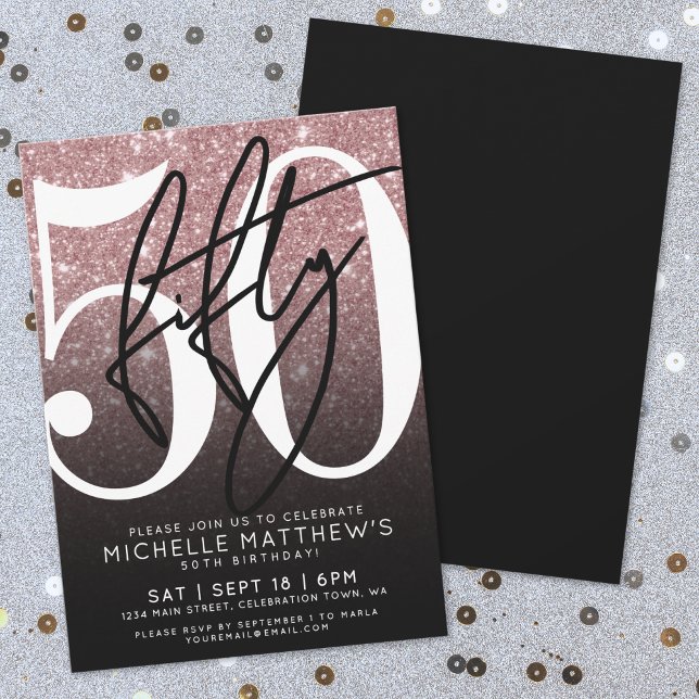 Convite Negra Rosa com brilho Dourado 50º aniversário (Black Rose Gold Glitter 50th Birthday Invitation)