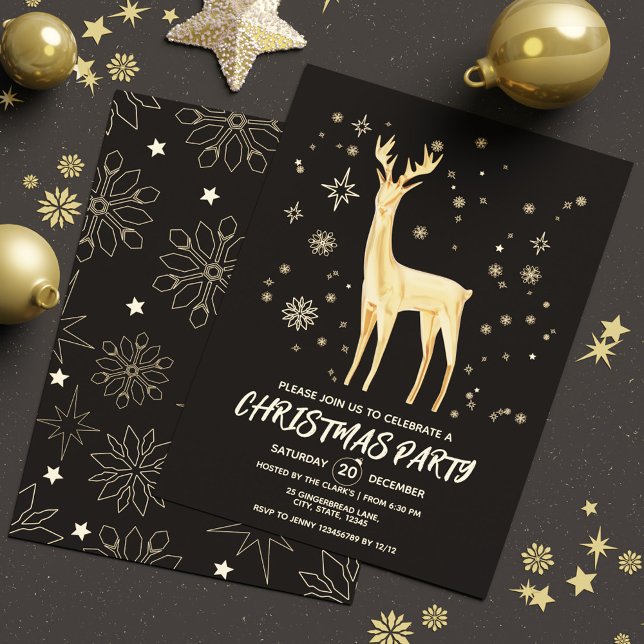 Convite Negra Simples Moderna e Dourada Elegante Xmas (Modern Simple Black and Gold Elegant Deer Xmas Invitation)