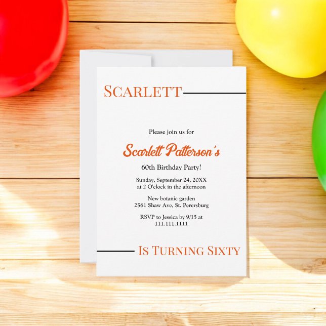 Convite Negra Simples Moderna e Laranja Branca 60º Anivers (Criador carregado)