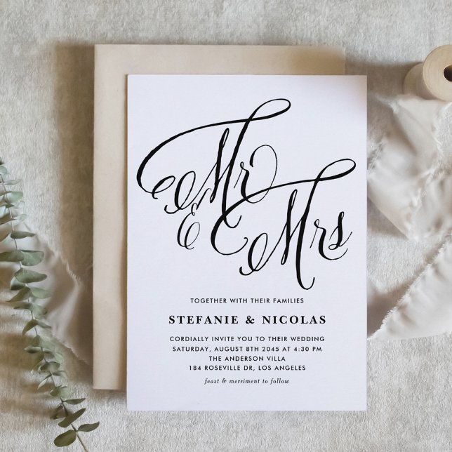 Convite Negra Sra. e Sra. Rustic Script Wedding (Black Mr. and Mrs. Rustic Calligraphy Wedding Invitation)