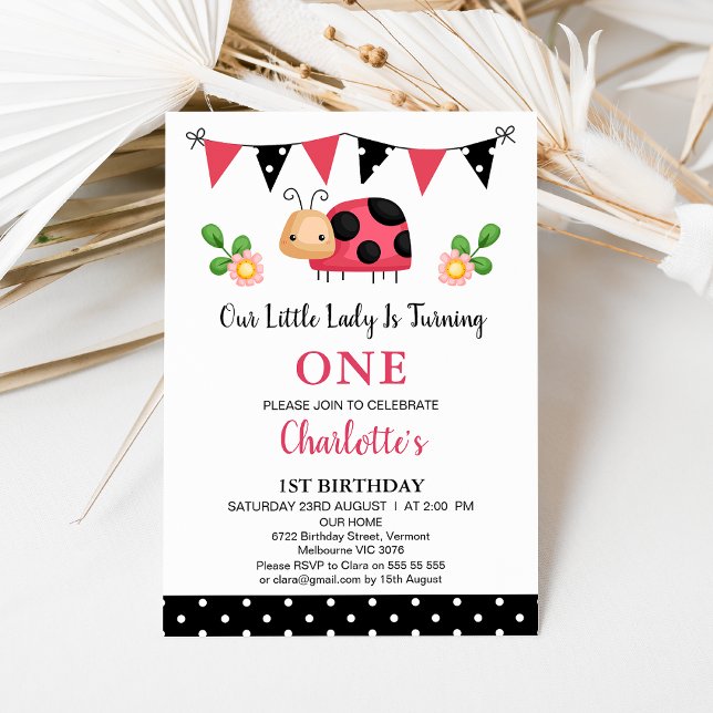 Convite Negra Vermelha Nossos primeiros aniversarios de Da (Polka Dots Ladybug Birthday Invitation Template Girl, Ladybug Themed 1st Birthday Invitation Bunting)