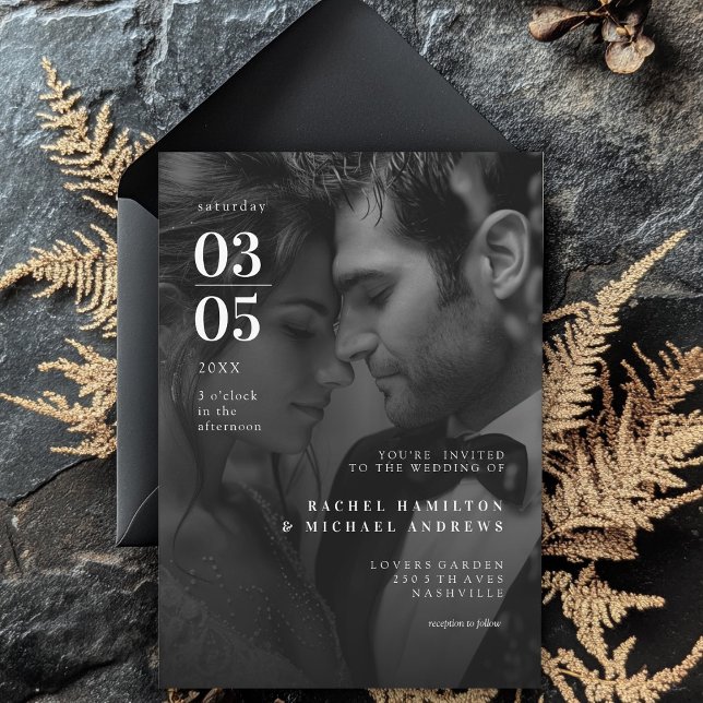Convite Negrito, Tendência, Foto B&W, Casamento (Bold, Minimal, Trending, Photo, Wedding Invitation)