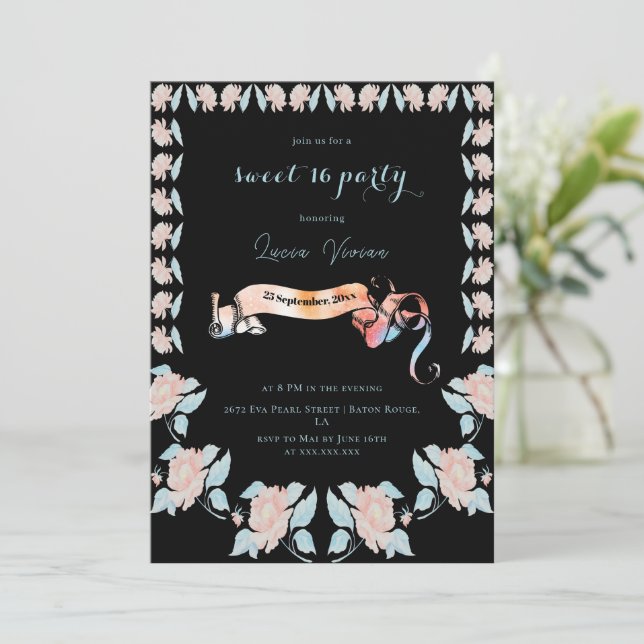 Convite Negro clássico e Rosa claro floral 16 (Em pé/Frente)