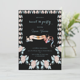 Convite Negro clássico e Rosa claro floral 16