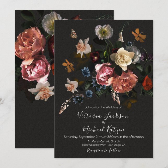 Convite Neoclássica Floral Dark & Moody Wedding (Frente/Verso)