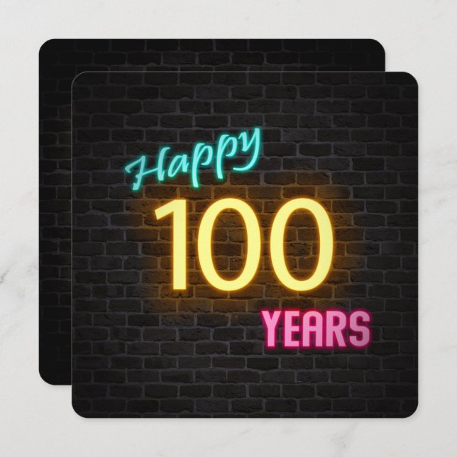Convite Neon 100th Birthday Sign brilhando no tijolo (Frente/Verso)
