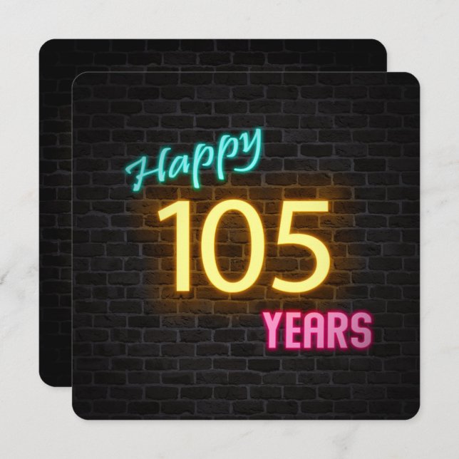 Convite Neon 105th Birthday Sign brilhando no tijolo (Frente/Verso)