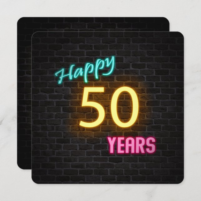 Convite Neon 50th Birthday Sign on brick (Frente/Verso)