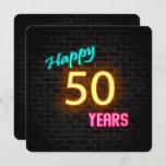 Convite Neon 50th Birthday Sign on brick<br><div class="desc">Sinal de neon brilhante sobre fundo de tijolos escuros para 50 anos</div>