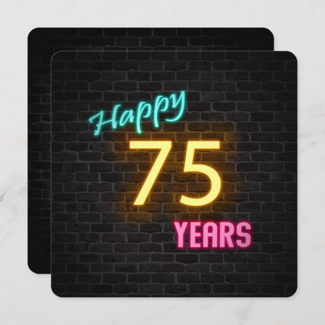 Convite Neon 75th Birthday Sign brilhando no tijolo (Frente/Verso)