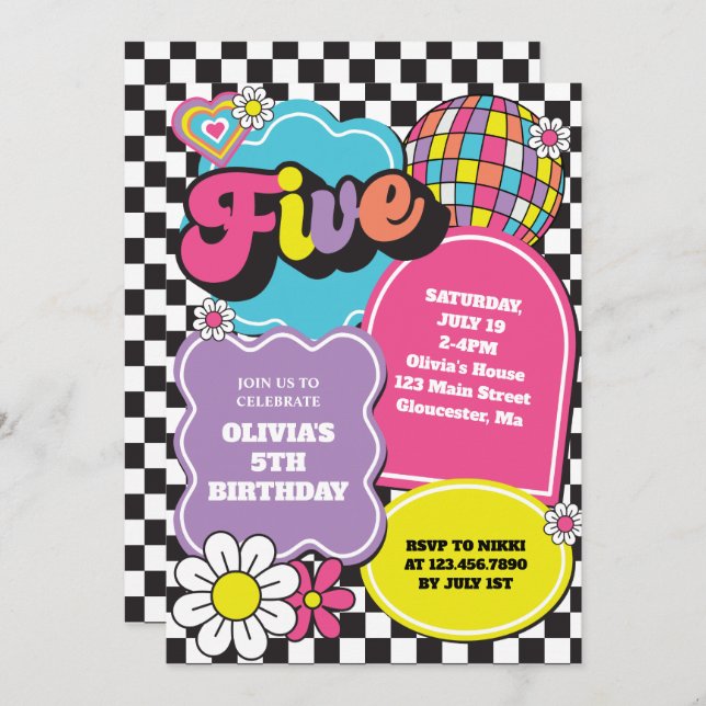 Convite Neon 90s Retro 5 Birthday (Frente/Verso)