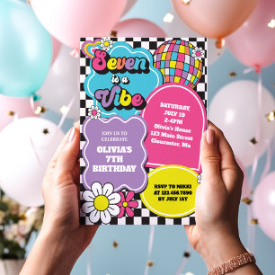 Convite Neon 90s Retro Seven é uma Vibe de 7º Aniversário