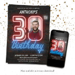 Convite Neon aniversário de 30 anos<br><div class="desc">Convite de Neon aniversário de 30 anos. Um design de convite para o aniversário de neon, estilo neon, estilo 80s divertido e retrógrado, com um fundo de tijolos de aparência rústica. A design é simples com uma dica de humor e foto personalizável! Veja a coleção para outro decor de partido...</div>