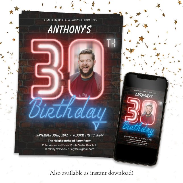 Convite Neon aniversário de 30 anos (30th Birthday 80s Retro Neon Sign Custom Photo Invitation)