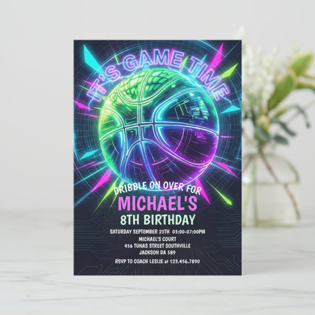 Convite Neon Basketball Birthday Invitation (Em pé/Frente)