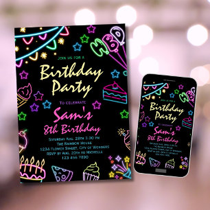 Convite Neon Birthday - Convidando Meninas Neon Festa do B