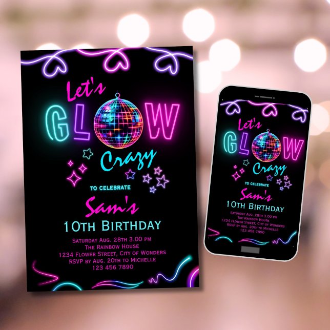 Convite Neon Birthday Invitation Girls Vamos Louco (Criador carregado)