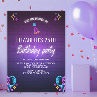 Convite Neon Birthday Party Invitation Brick Wall Style