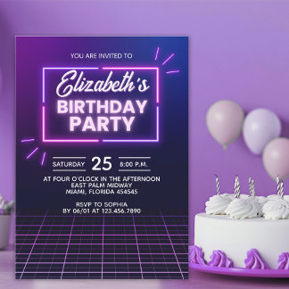 Convite Neon Birthday Party Invitation Modern Glow Frame