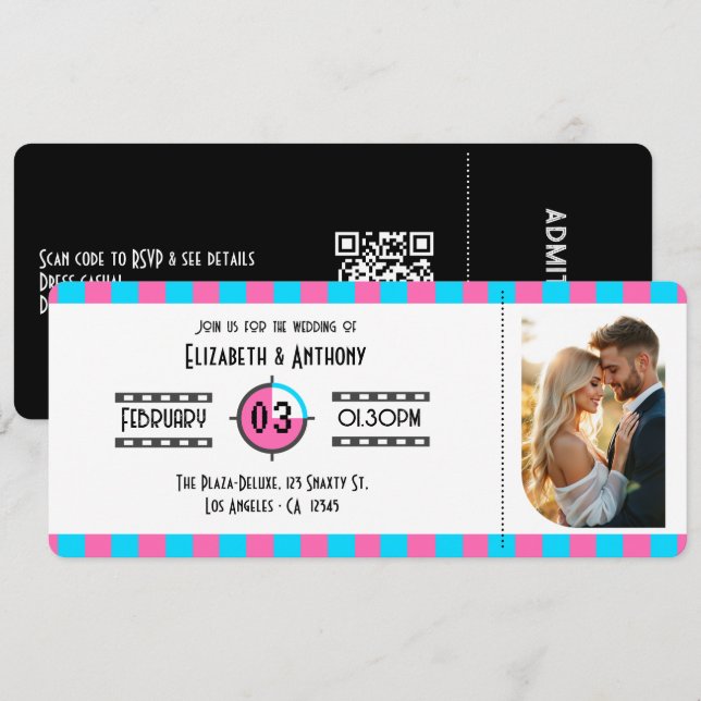 Convite Neon Blue, Hot Pink, and Black Cinema Ticket (Frente/Verso)