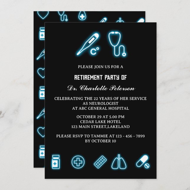 Convite Neon Blue Medical Elelement Dr Retirement Party (Frente/Verso)