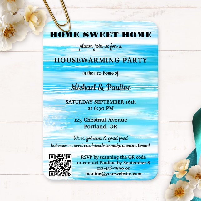Convite Neon Blue Turquoise Paint QR (Housewarming party invitation featuring a grunge turquoise blue painted design with QR code template)