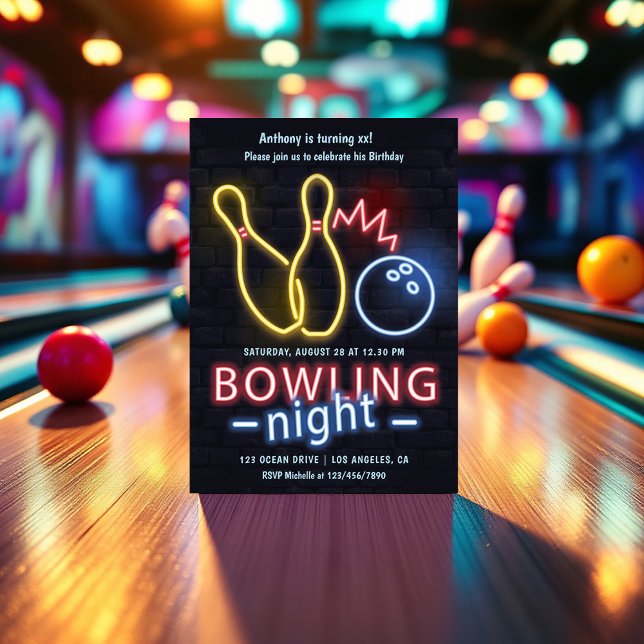 Convite Neon Boliche Night Festa de aniversário (Neon Bowling Birthday Party Invitation)