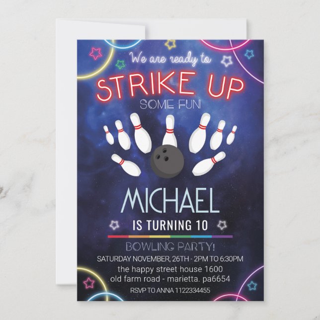 Convite Neon Bowling Invitation for Birthday Party Retro (Frente)