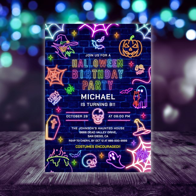 Convite Neon Brilha Na Festa de aniversário Escura De Hall (Neon Glow in the dark halloween birthday party invitation)