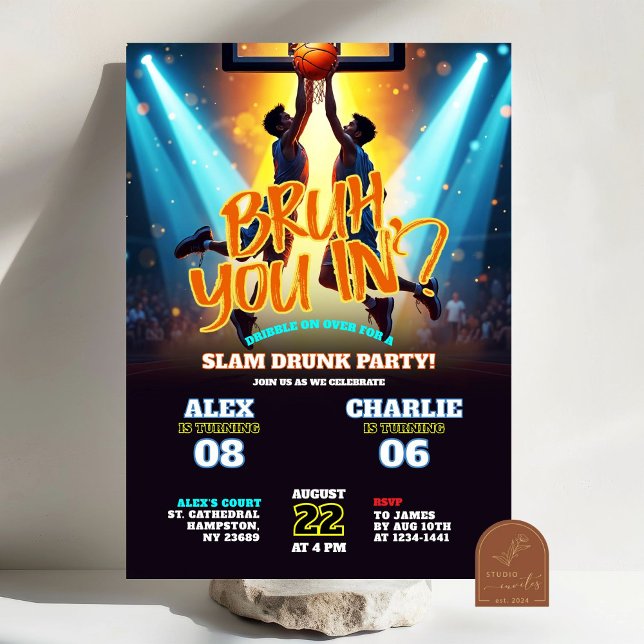 Convite Neon Bruh Você No Aniversário da Quadra de Basquet (Criador carregado)