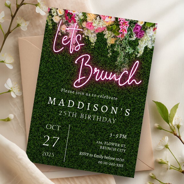 Convite Neon Brunch Festa de aniversário Floral Backdrop G (Neon Brunch Floral Backdrop Garden Party Birthday Invitation)