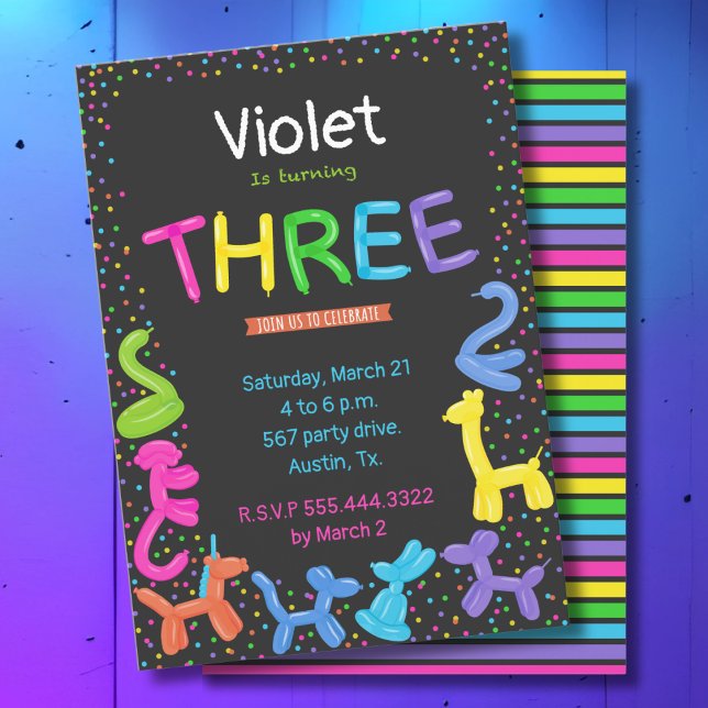 Convite Neon color balões de animais aniversário de 3 anos (Criador carregado)