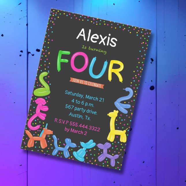 Convite Neon cores balões de animais 4 anos de aniversário (Criador carregado)