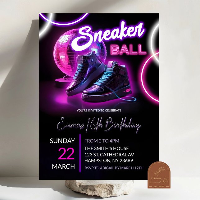 Convite Neon Disball Sneakerball Púrpura Rosa Aniversário (Criador carregado)