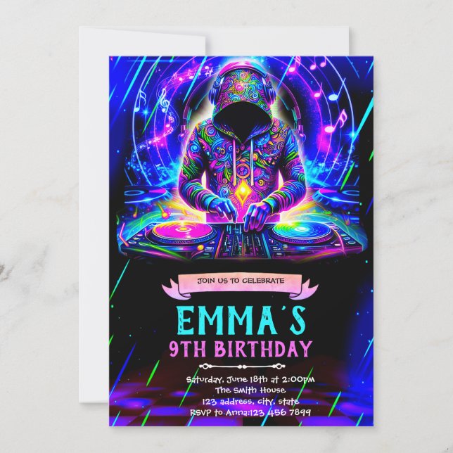 Convite Neon DJ birthday party invitation (Frente)