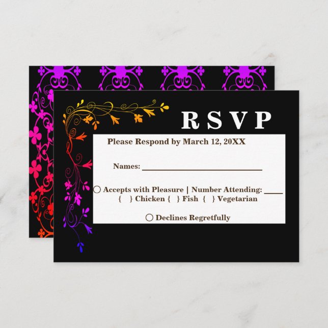 Convite Neon Floral Vines no Menu RSVP Preto de Fundo (Frente/Verso)