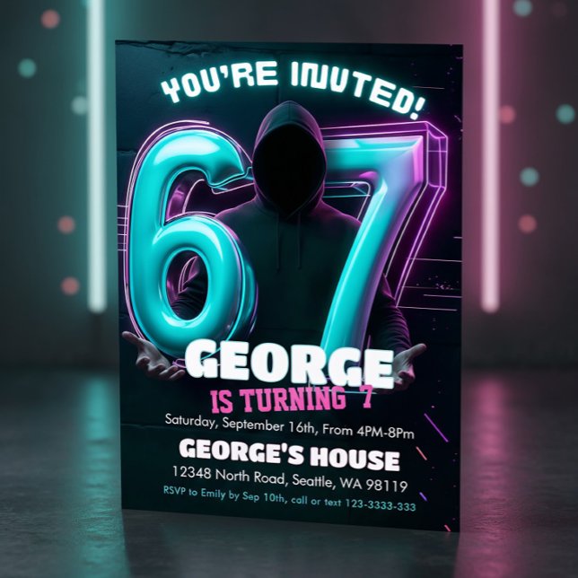 Convite Neon Gamer 7th Birthday Invitation (Criador carregado)