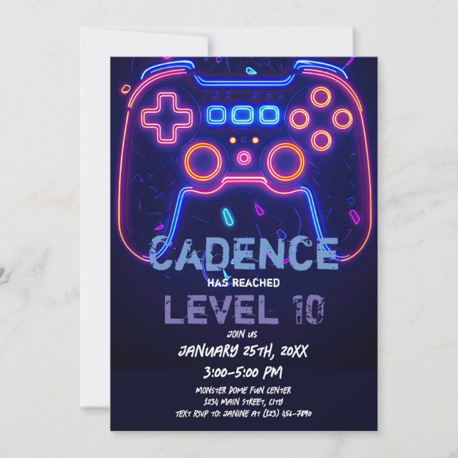 Convite Neon Gamer Arcade Video Game Level Up Aniversário (Frente)