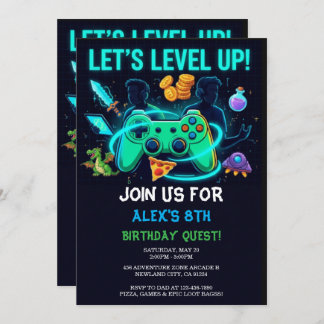 Convite Neon Gamer Birthday Invitation Editable Template