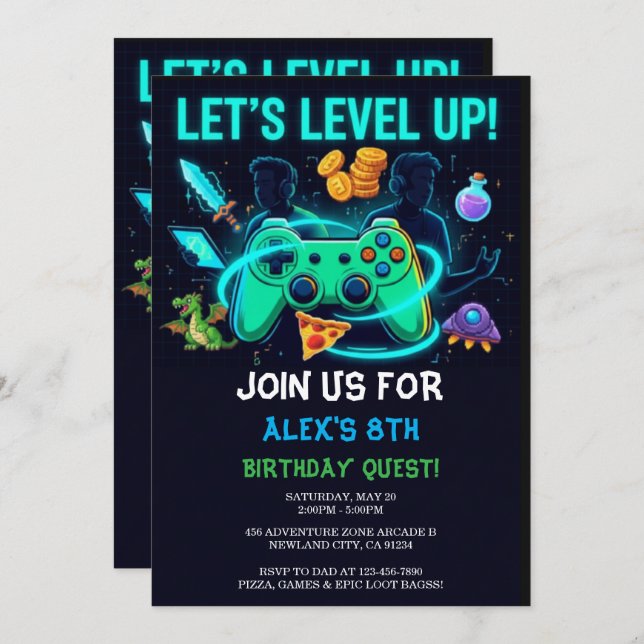 Convite Neon Gamer Birthday Invitation Editable Template (Frente/Verso)