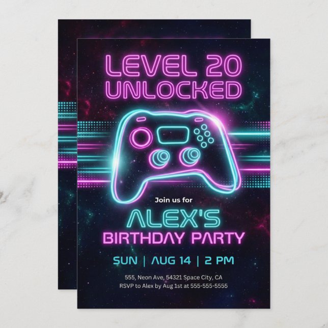 Convite Neon Gamer Birthday Invitation Game for Teen Boy  (Frente/Verso)