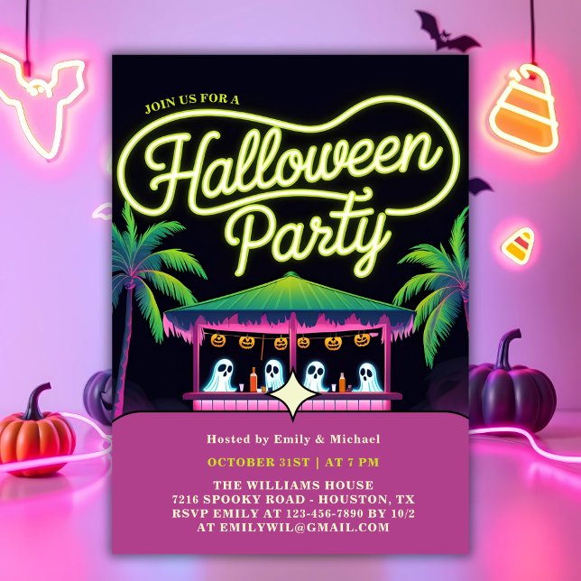 Convite Neon Ghosts Palm Trees Tropicais do Halloween (Neon Tropical Halloween Party Invitation with Ghosts & Palm Trees)