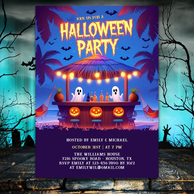 Convite Neon Ghosts & Pumkins Tropical Bar Halloween Party (Neon Ghosts & Pumkins Tropical Bar Halloween Party Invitation)