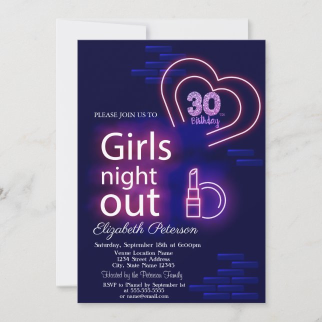 Convite Neon Girls Night Out aniversário de 30 anos (Frente)