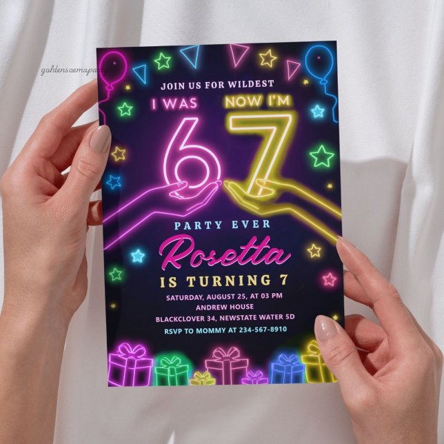 Convite Neon Glow 7th Birthday | I Was 6 Now I Am 7 Viral  (Neon Glow 7th Birthday | I Was 6 Now I Am 7 Viral Invitation)
