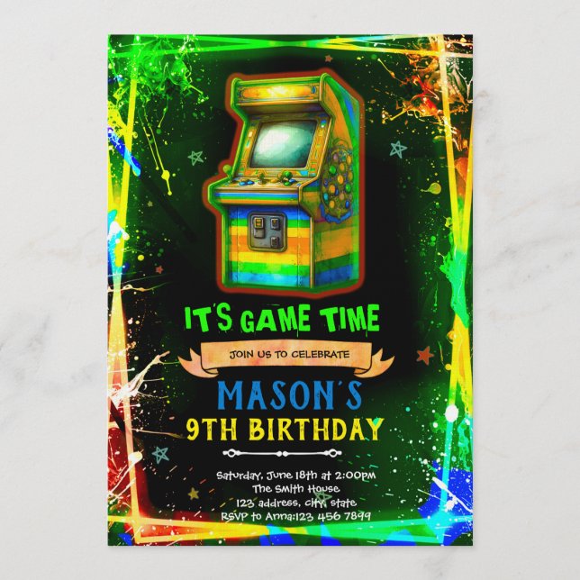 Convite Neon glow arcade birthday invitation (Frente)